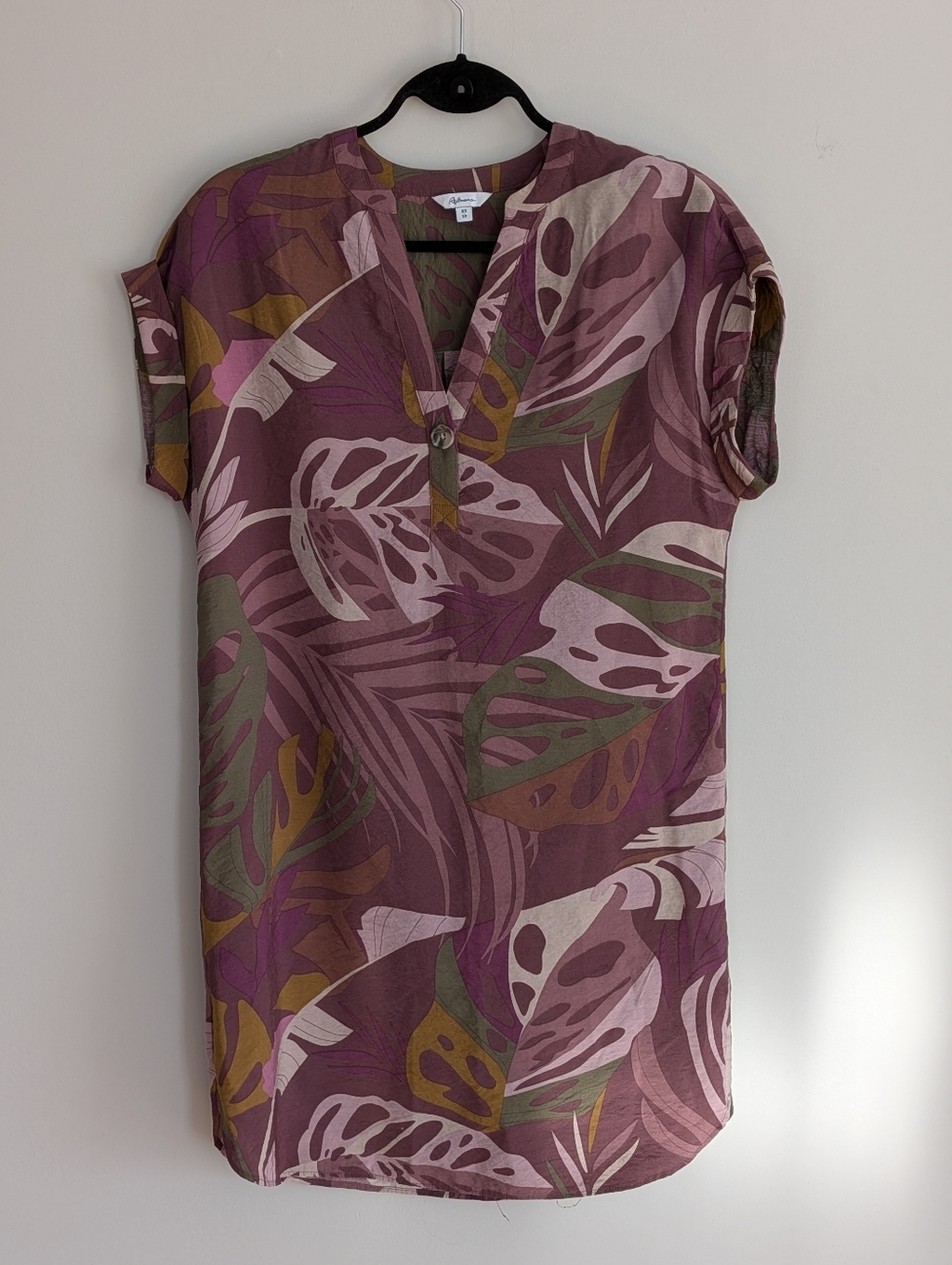 Reitmans XS Oversized Tropical Monstera Lagenlook Shirt Dress Earthy Plum Olive